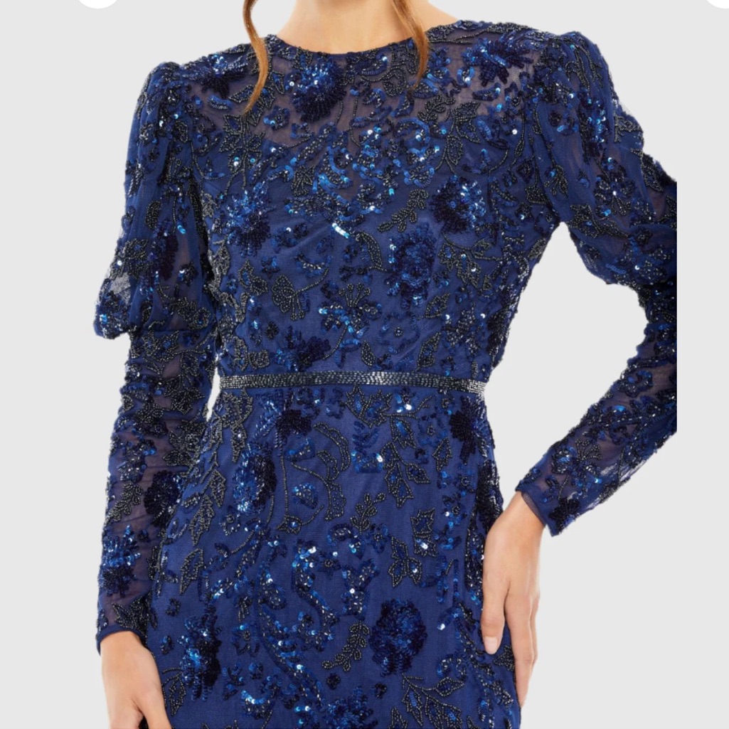 Mac Duggal Sequined Puff Sleeve High Neck Dress